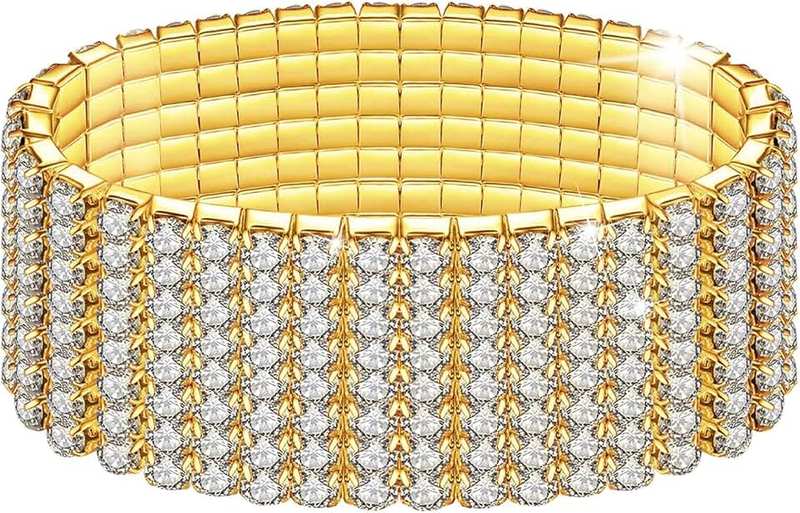 Kucheed Kucheed 2PCS Rhinestone Stretch Bracelets, Twinkle Diamond Tennis Bangle, Silver Crystal Sparkling Bridal Stackable Bracelet Jewelry, Bling Shining Wedding Party Elastic Band Bracelet for Women