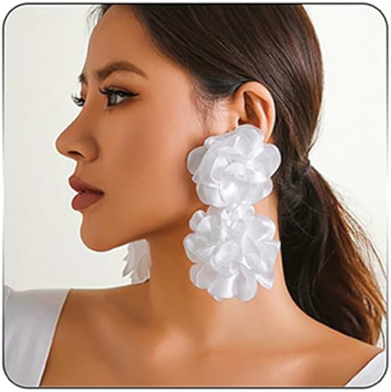Rrdaily Flower Earrings for Women,Exaggerated Satin Large Flower Long Tassel Drop Earrings Fluffy Fabric Flower Earrings Bohemian Floral Statement Earrings Fashion Romantic Party Wedding Earrings Jewelry