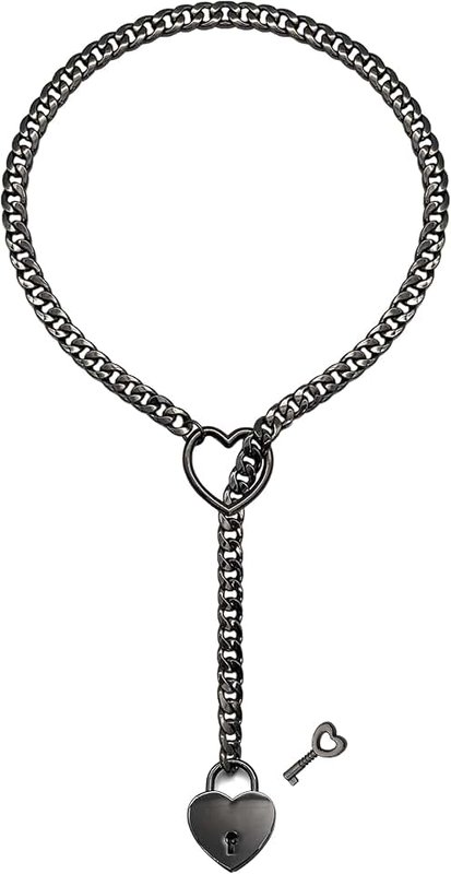 paloli Womens Slip Chain Necklace Heart O-Ring, Punk Rock Cuban Long Necklace Jewelry For Women, Adjustable Lariat Y-Necklace Heart Locker With Key