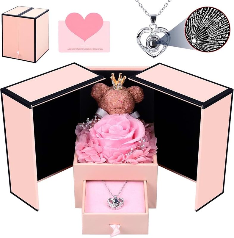Ninonly Ninonly Preserved Rose Moss Bear Gift, Eternal Flowers Rose with I Love You in 100 Necklace Languages Gifts Set for Mom, Wife, Girlfriend on Mother's Day, Christmas, Birthdays, Valentine's Day