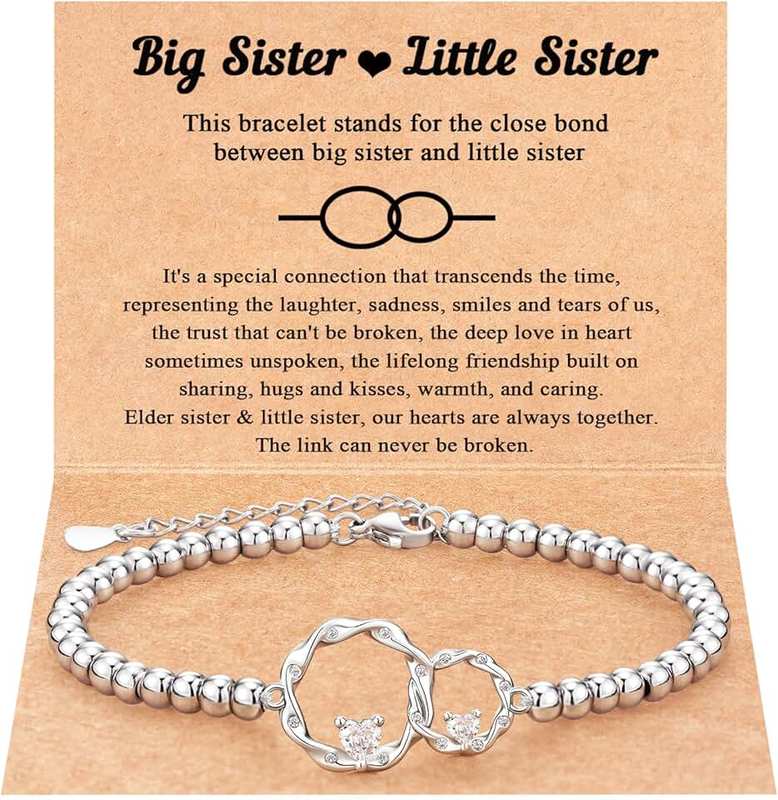Tarsus Sister Gifts, Sisters' Eternal Love Connected at Heart, Interlocking 2 Circles Bracelet, Big Sister Little Sister Gift, Sister Birthday Gifts Christmas