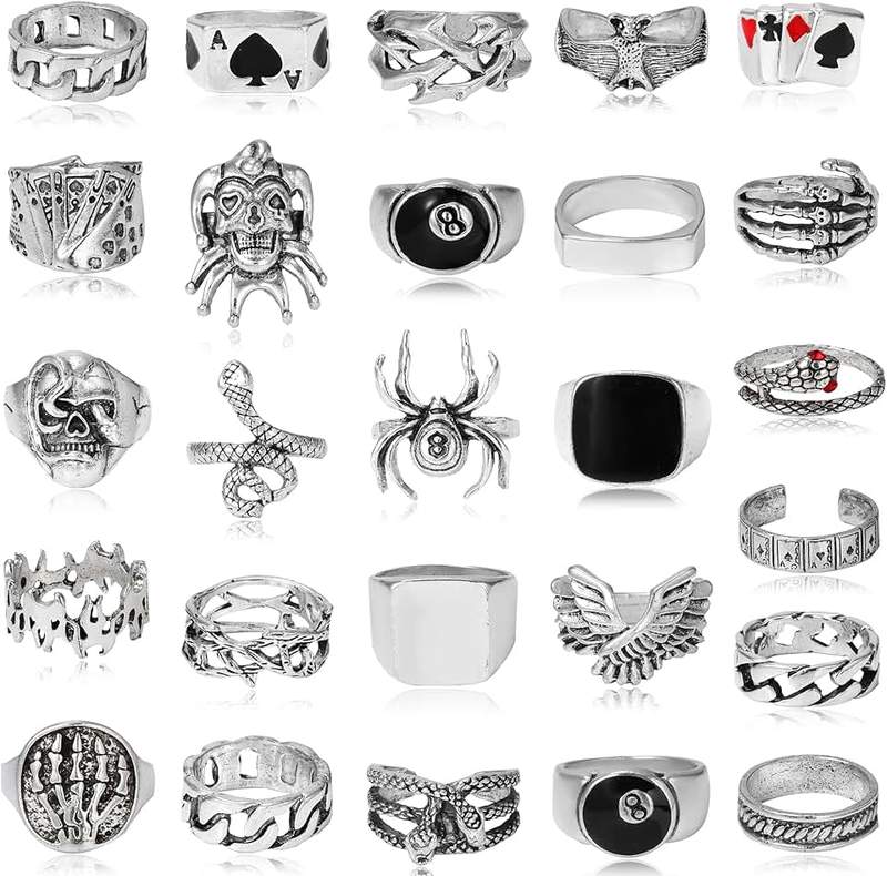Acruccen 26 Pcs Vintage Silver Punk Rings Set for Men Cool Gothic Chunky Rings Statement Snake Wing Signet Ring Set, Metal, No Gemstone