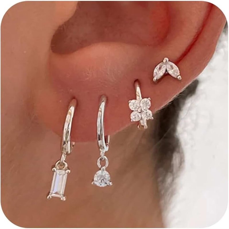 Relveo Silver Earrings for Women,Dainty 14k Gold/Silver Plated Lightweight Huggie Hoop Earrings Set Trendy Silver Earring Small Silver Hoop Earrings for Women Silver Jewelry