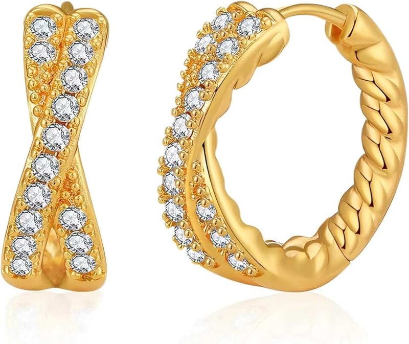 HUARJO 14K Gold Plated Small Chunky Gold/Silver Hoop Earrings,Cubic Zirconia Diamond Studded Huggie Earrings for Women Girls.