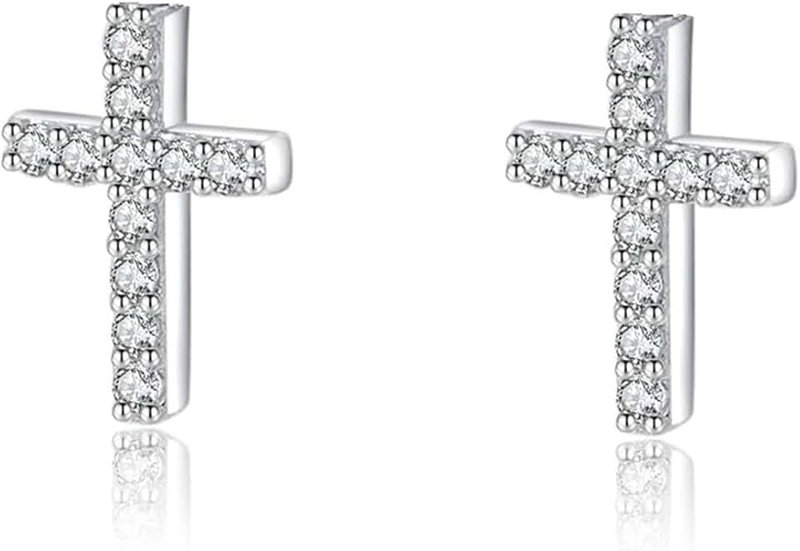 Aiittog Silver Small Cross Earrings, 18K Gold Plated Tiny Cubic Zirconia Cross Studs Earrings, Simple Mini Earrings for Women Men