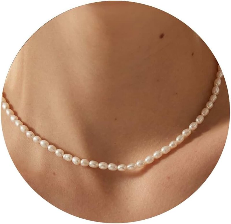 Jannisa 14K Gold Plated Freshwater Pearl Necklaces for Women Teens Dainty Small 4mm Adjustable Chain 16+2" Oval Rice Real Pearl Strand Necklace Pearl Accessories Jewelry Gifts, Gold Plated, Pearl