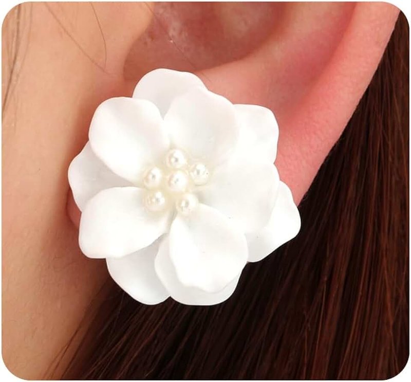 Rrdaily Boho Acrylic Pearl Flower Stud Earrings for Women Teen Girls,White Exaggeration Camellia Drop Earrings,Sweet Resin Flower Dangle Earrings Jewelry Gift