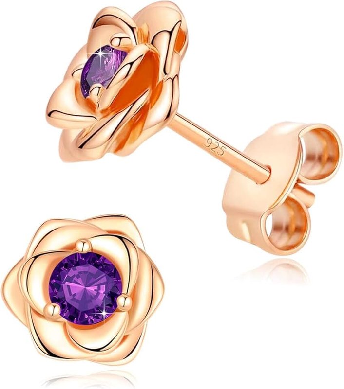 Sumonyo 14K Gold Plated 925 Sterling Silver Post Rose Flower Stud Earrings for Women Birthstone Crystal Studs Earrings Hypoallergenic & Nickel Free Jewelry