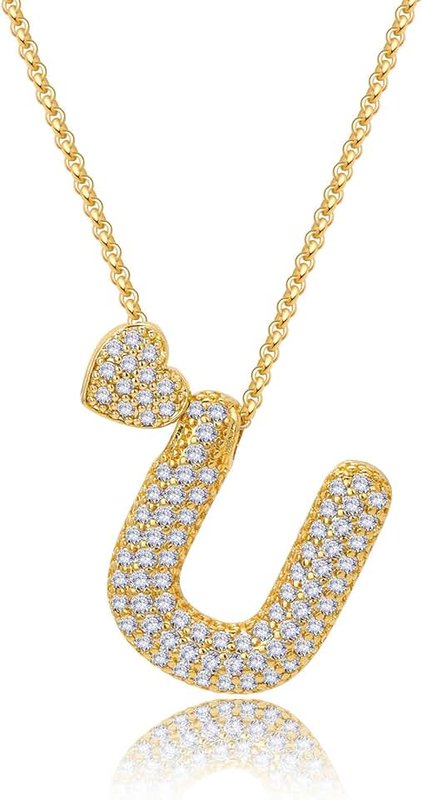 Vinswet Initial Heart Necklace,18K Gold Plated Bubble Letter Necklace Personalized Monogram Name Necklace Chain Balloon Pendant Dainty CZ Jewelry Gift for Women Girls