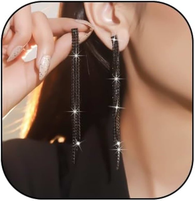 XUN Zhe Sparkly Rhinestone Long Tassel Dangle Earrings Crystal Chandelier Dangle Drop Earrings Wedding Party Prom Earrings Jewelry for Women Girls Gifts