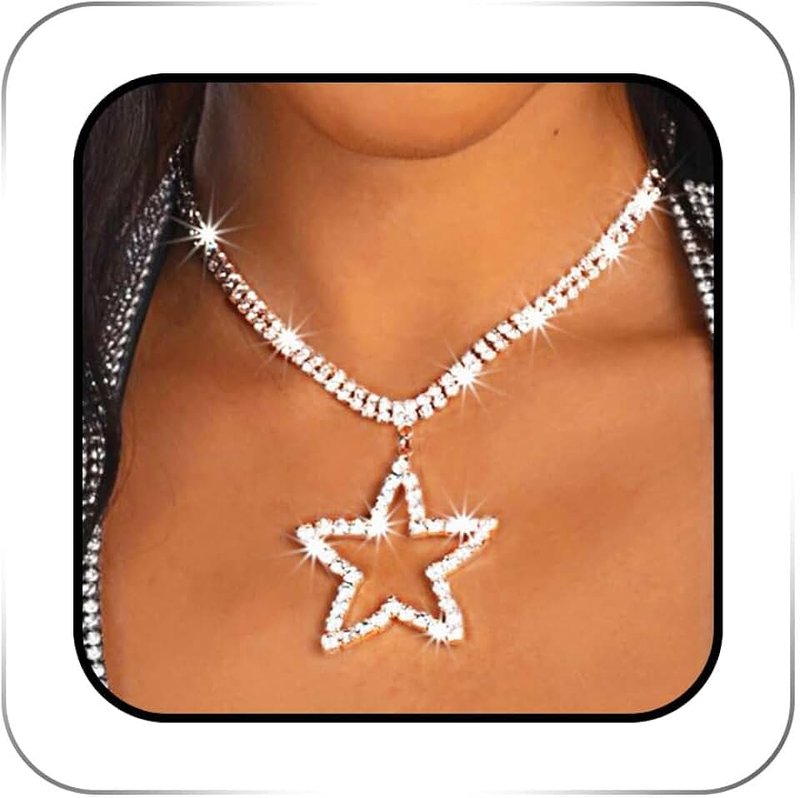 ACEDRE Silver Star Rhinestone Necklace Bling Disco Big Crystal Jewelry for Women, One Size, Rhinestone, No Gemstone