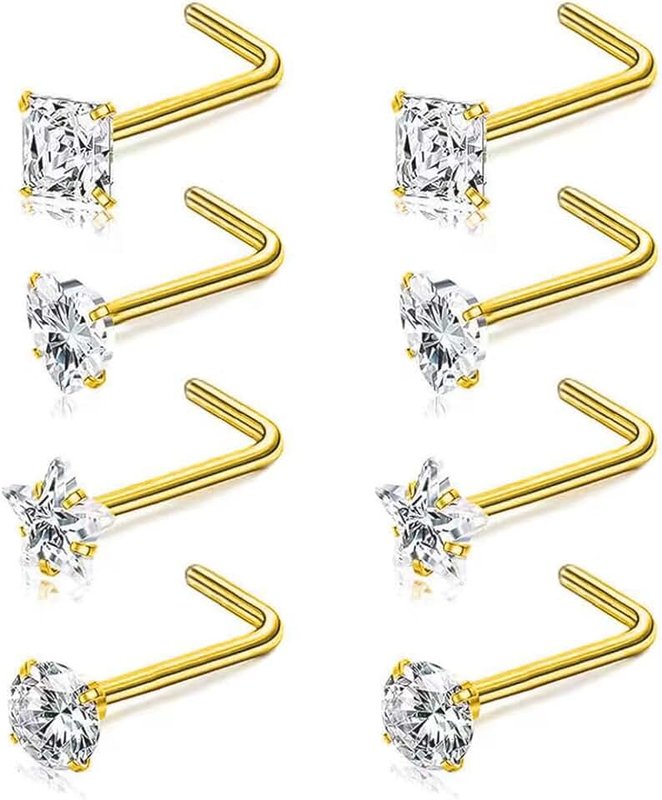 SEEDRILL 8Pcs 20G Nose Rings studs for Woman Hypoallergenic Nose Studs 316L Surgical Steel with Gold Plated Nose Piercings Jewelry 3mm CZ L Shape Nose Rings 20 Gauge Nose Stud Nose Screw Studs