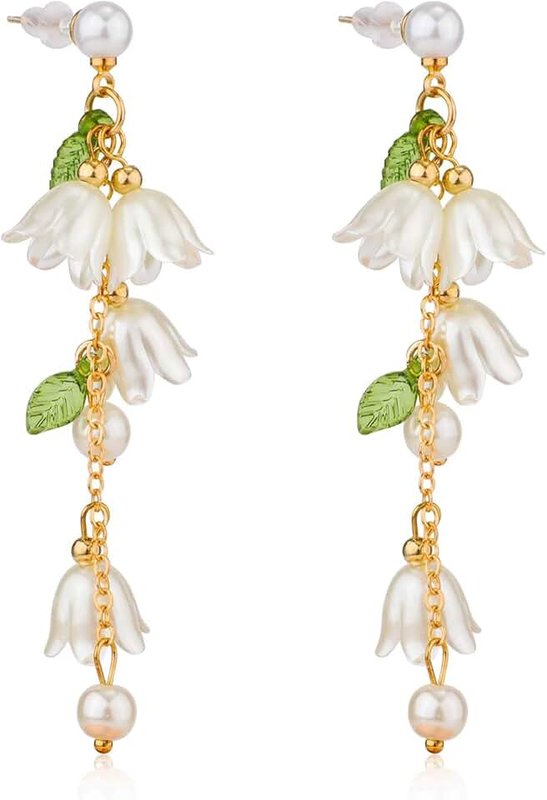 Mikovivi Leaf Flower Dangle Earrings - White Floral Fairy Drop Lily of the Valley Long Flower Drop Earrings for Women & Girls - Gift