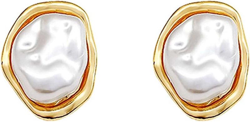 GLMOCM Baroque Pearl Stud Earrings For Women 14k Gold Plated Irregular pearl Earrings Chunky Big Pear Earrings Vintage Pearl Statement Earrings Jewelry Gift For Women