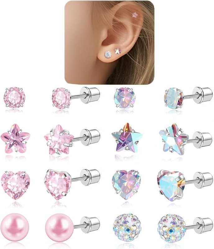 DAILI 8 Pairs Screw Back Earrings for Girls, Toddler Earrings Surgical Steel Earrings Hypoallergenic Kids Earrings Heart Pearl Star Cubic Zirconia Flat Back Stud Earrings Little Girl Earrings