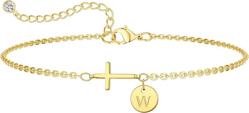 Rotnso Gold Bracelets for Women 14K Real Gold Plated Cross Initial Charm Bracelet Dainty Cute Trendy Custom Letter Bracelets Waterproof Non Tarnish Simple Fashion Jewelry Gifts for Teen Girls