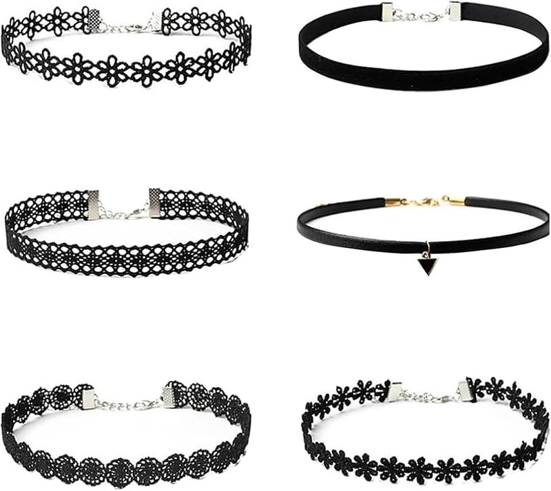 QISANKEE 6 Pieces Black Choker Necklace Set for women,Vintage Lace Tattoo Choker for Womens Girls