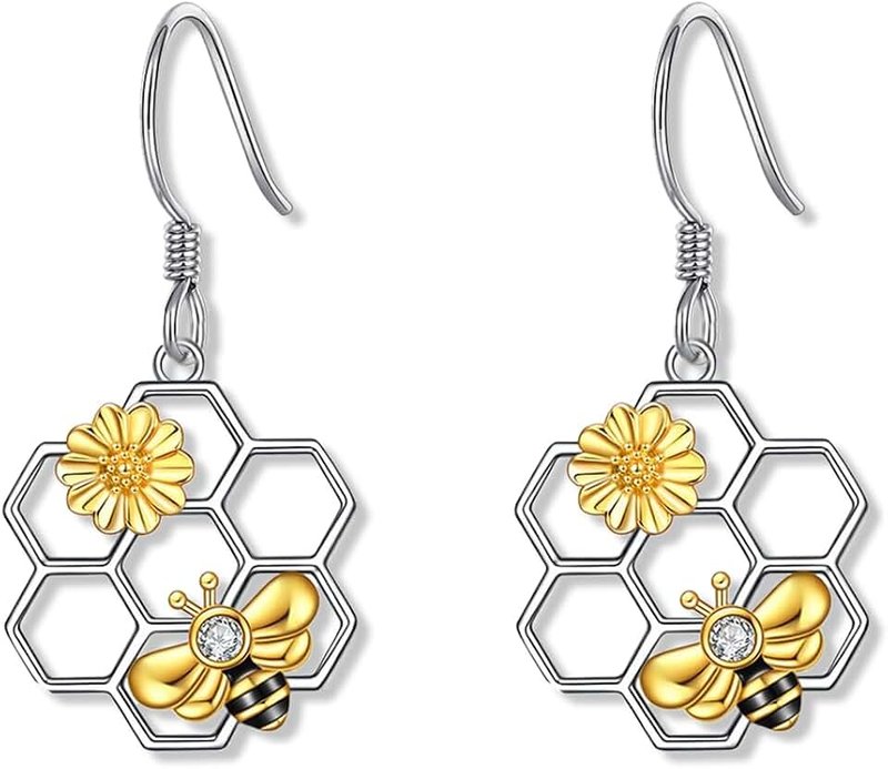XUN Zhe Bee Sunflower Honeycomb Earrings Lightweight Insect Bee Drop Earrings Jewelry for Women Girls Gifts Plant Daisy Flower Dangle Statement Earrings