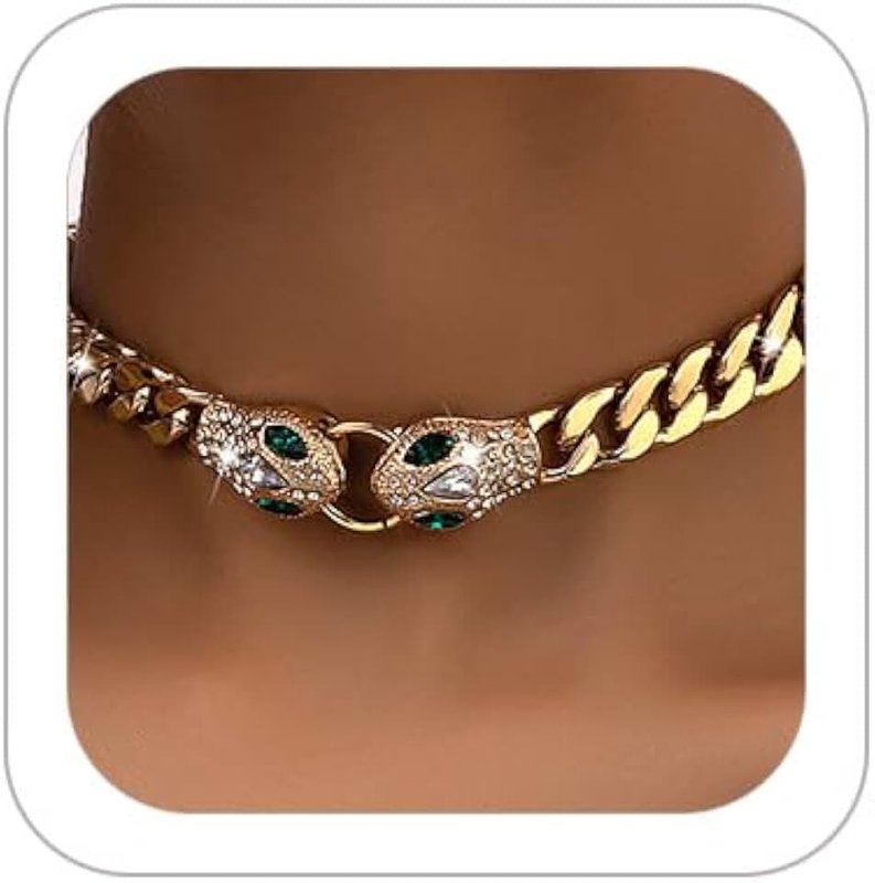 XUN Zhe Punk Animal Snake Choker Necklace Hip Hop Rhinestone Snake head Cuban Link Chain Necklace Chunky Cuban Chain Crystal Jewelry for Women Girls Gift