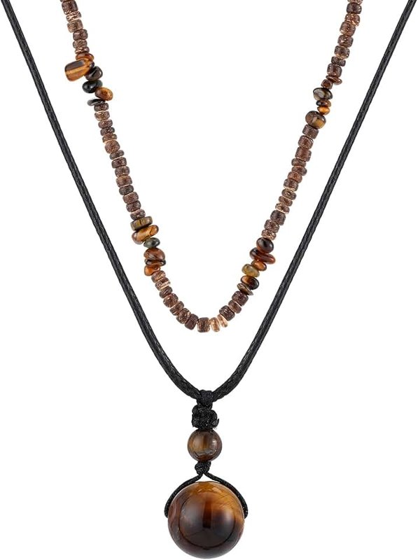 QXFQJT Layered Boho Beaded Necklace for Women Earthy Coconut Shell Wooden Tigers Eye Beads Necklace Summer Beach Hawaiian Surfer Choker Necklace for Men