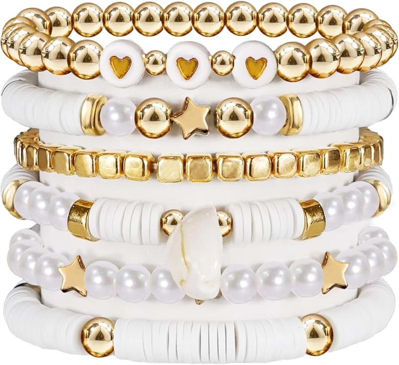 Frgofl Surfer Heishi Stackable Bracelets for Women Colorful Preppy Stretch Friendship Bracelets Set Smiley Face Evil Eye Polymer Clay Beaded Summer Beach Jewelry for Tween Girls