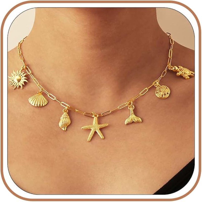Lydow Charm Necklace for Women, 14K Gold Plated Shell Sun Starfish Summer Beach Necklace 16+3" Paperclip Chain Jewelry Gifts