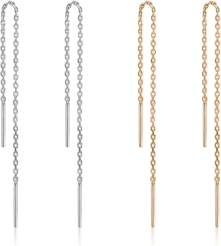 UAIAGM 2 Pairs Threader Earrings for Women Sterling Gold and Silver Duster Chain Threaded Earring Lightweight Double Piercing Earings Thread Ear Cool Western Style Chain Earring, 3.54 Inches, 18K, No