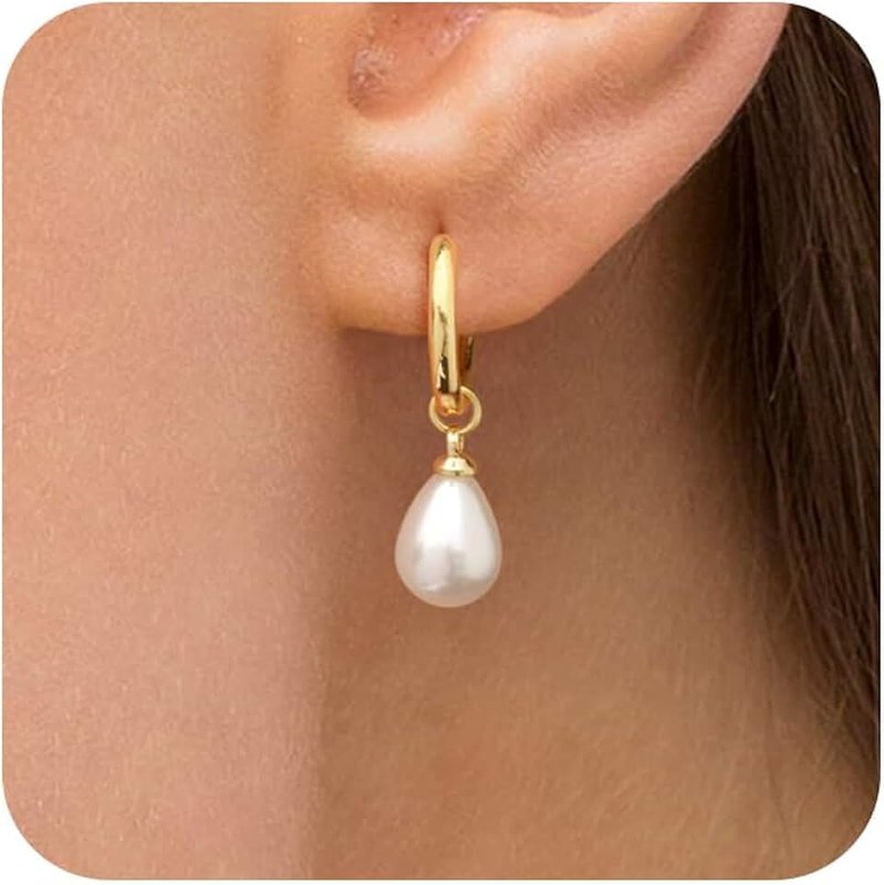 Robaice Gold Pearl Dangle Earrings for Women, 14K Gold Plated Small Pearl Drop Huggie Hoop Earrings, Hypoallergenic Dainty Gold Earrings Wedding Jewelry Gifts for Women Trendy