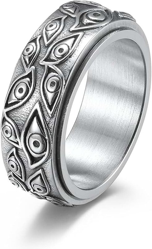 Veylenix Fidget Ring for Men,9mm Evil Eye Anxiety Ring Gothic All Seeing Eye Rotating Band Ring Vintage Stainless Steel Mens Spinner Rings