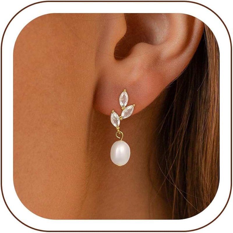 TITUTHIA Dainty Gold Pearl Earrings for Women, Trendy 14k Gold Filled Freshwater CZ Leaf Bow Pearl Dangle Drop Earrings Lightweight Hypoallergenic Bridesmaid Stud Earring Wedding Statement Jewelry for Women Gifts
