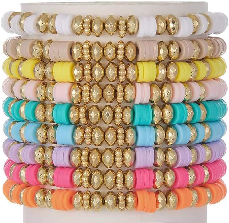 Behrooci Friendship Bracelets Boho Stackable Bracelets for Women Surfer Heishi Clay Bead Bracelets Stretch Preppy Bracelets Colorful Boho Bracelets for Women