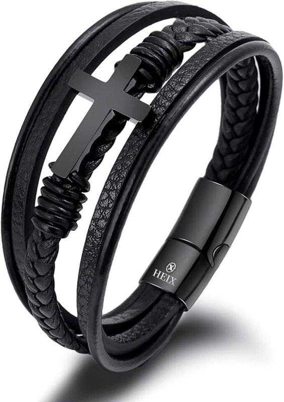 HEIX Mens Multilayer Braised black Leather Cross Bracelet Magnetic Stainless Steel Clasp Gift Idea for Men & Boys Jewelry (Black)