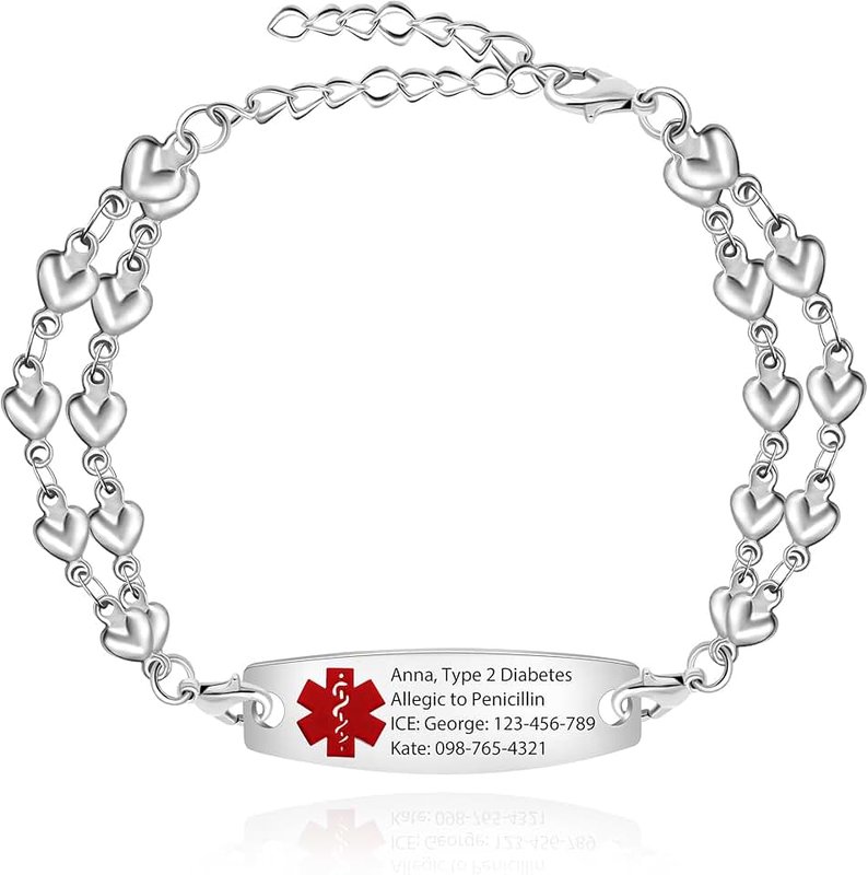 Vivaday Medical Alert Bracelets for Women Men Free Engraving, Personalized Customizable Medical ID Bracelet, Double Chain Heart Wristband YA3985