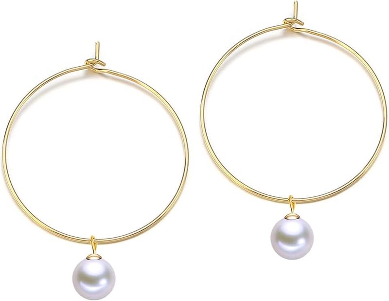 PearlLives Pearl Hoop Earrings 14K Gold Plated Drop Dangle Earrings For Women Trendy Round Simulated Shell Pearl Earrings