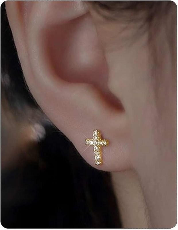 QLKILYR 14K Gold Plated Small Cross Stud Earrings, Hypoallergenic Pave CZ Tiny Gold Cross Stud Earrings for women
