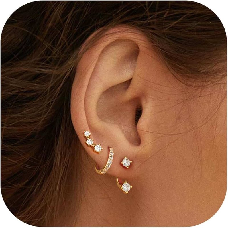 Macachii 3 Pairs Sterling Silver & 14K Gold Plated Earrings for Women | Hoop, Stud, and Climber Sets for Multiple Piercings | Huggie, Cartilage, Dainty Stacking Earrings