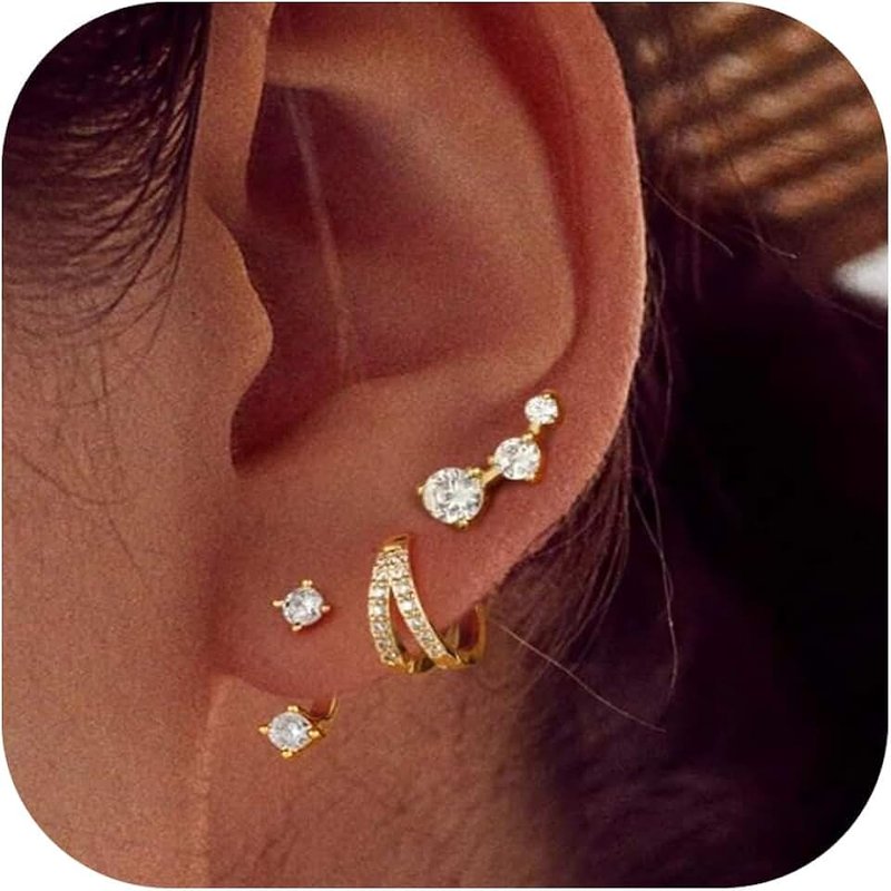 Macachii 3 Pairs Sterling Silver & 14K Gold Plated Earrings for Women | Hoop, Stud, and Climber Sets for Multiple Piercings | Huggie, Cartilage, Dainty Stacking Earrings