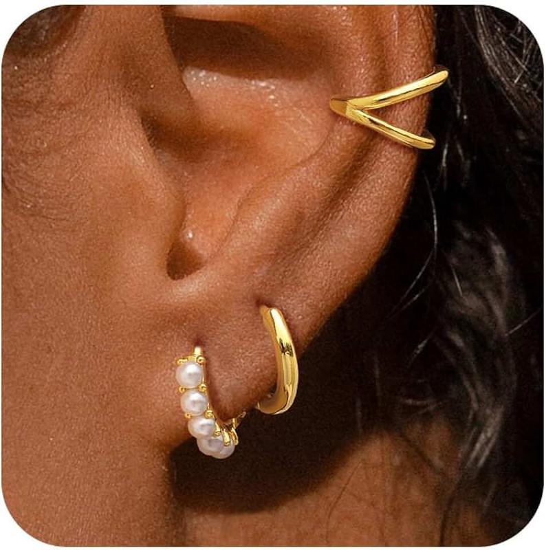 FAONDU Pearl Earrings for Women Dainty 14k Gold Pearl Stud Earrings Small Earrings Sets for Multiple Piercing Trendy Cartilage Hoop Earrings Stack Hypoallergenic Gold Chain Earrings for Women Jewelry Gift