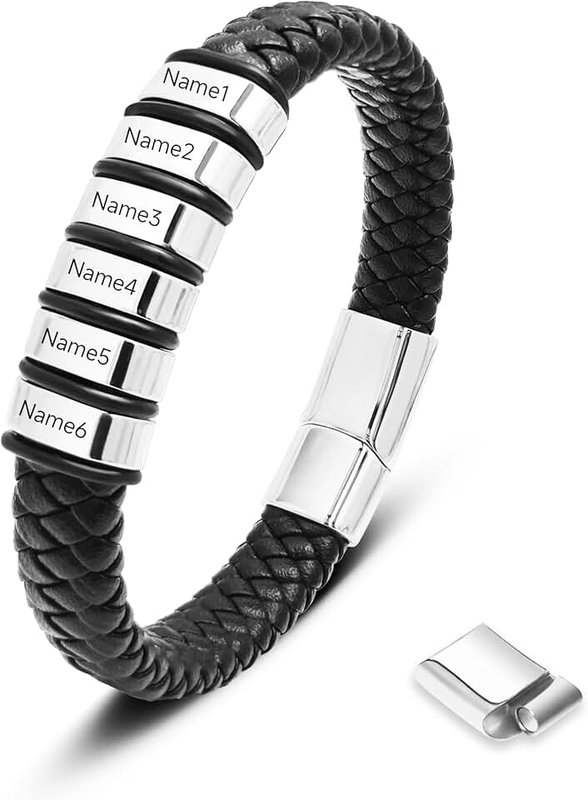 Assote Personalized Mens Leather Bracelet with Custom Beads, Customized Braid Leather Bracelet Engraved with Names, Stainless Steel Personalized Custom Name Bracelets for Men