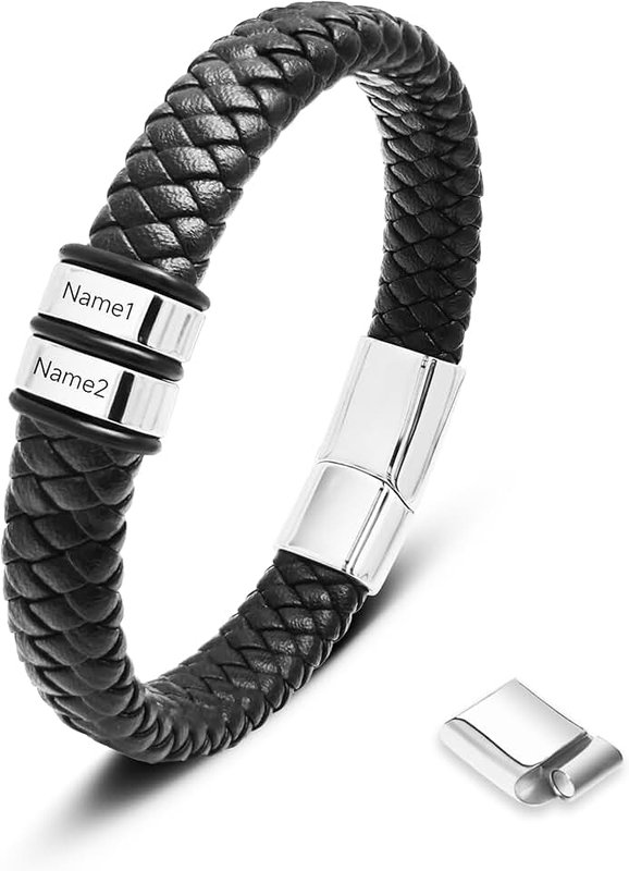 Assote Personalized Mens Leather Bracelet with Custom Beads, Customized Braid Leather Bracelet Engraved with Names, Stainless Steel Personalized Custom Name Bracelets for Men