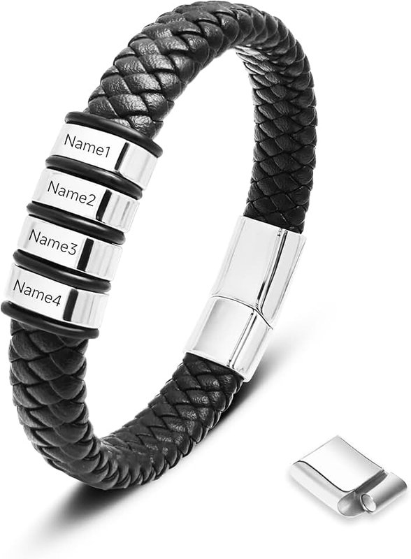 Assote Personalized Mens Leather Bracelet with Custom Beads, Customized Braid Leather Bracelet Engraved with Names, Stainless Steel Personalized Custom Name Bracelets for Men