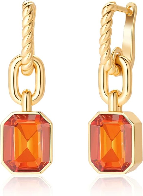 Lourny Birthstone Crystal Dangle Drop Earrings, 14K Gold Plated Huggie Hoop Hypoallergenic Earring Jewelry Gifts for Women