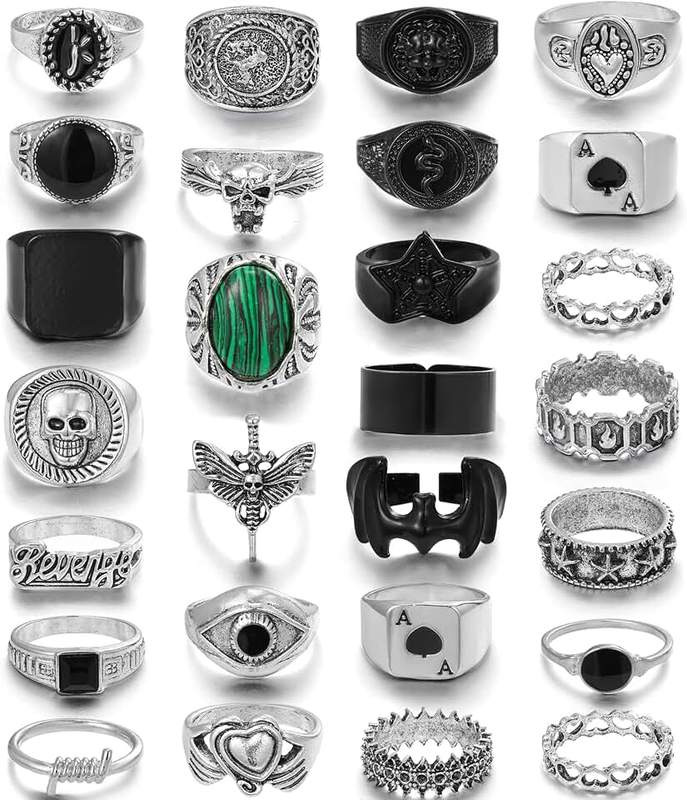 YANJINMY 27 Vintage Silver Punk Rings for Men, Cool Gothic Thick Rings Set Men Signet Skull Snake Bat