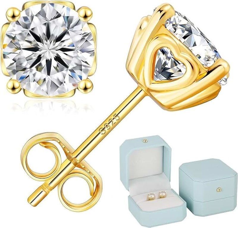 KRKCLIFE Moissanite Earrings for Women Men, 1.0-3.0 Carat 14K Gold Diamond Studs Earrings with Heart Pattern, D Color, VVS1, 925 Sterling Silver Hypoallergenic Jewelry for Sweetheart