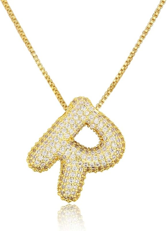 TZPI 18k Bubble Letter Necklace Gold for Women, Rhinestone Bubble Balloon Initial Necklace for Her, Charm Puff Letter Name Pendant Chunky Alphabet necklace