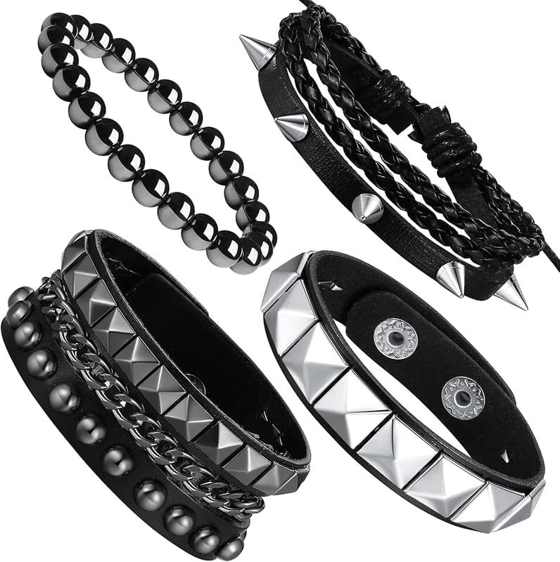 Sahoottie 4Pcs Punk Bracelets for Men Women Punk Rock Leather Spike Bracelet Cuff Bracelet Grunge Bracelet Adjustable Emo Punk Accessories Studded Bracelet