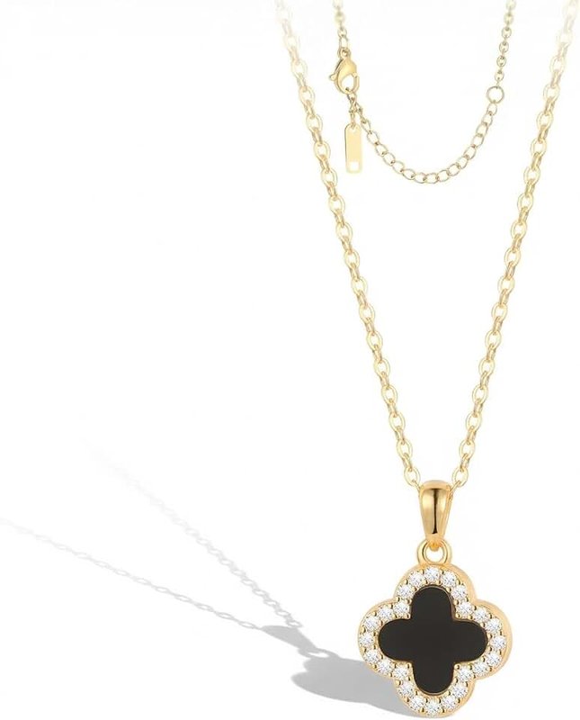 YUEXIAODOU Four Leaf Clover Necklace For Women,14K Gold Plated Dainty Lucky Clover Pendent Necklace Trendy Cute Simple Women's Jewelry Gift (Silver-Black/White)
