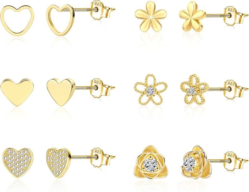 ALEXCRAFT Sterling Silver Stud Earrings for Women Girls Cubic Zirconia Halo Round Heart Square Diamond Large Silver Stud Set