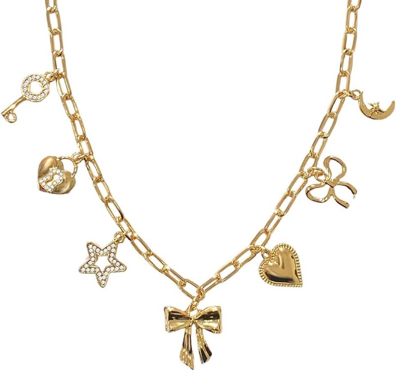 OTEEGX Gold Charm Necklaces for Women, 18K Gold Plated Bow Pendant Necklace Cute Gold Heart Chain Aesthetic Star Jewelry