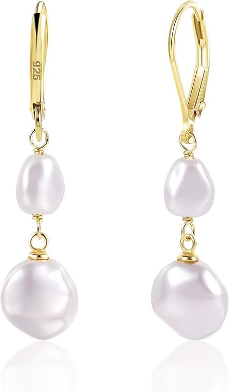 LANCHARMED 14K Gold Pearl Dangle Earrings for Women，925 Sterling Silver Double Pearl Drop Earrings，Leverback Irregular Pearl Hypoallergenic Earrings